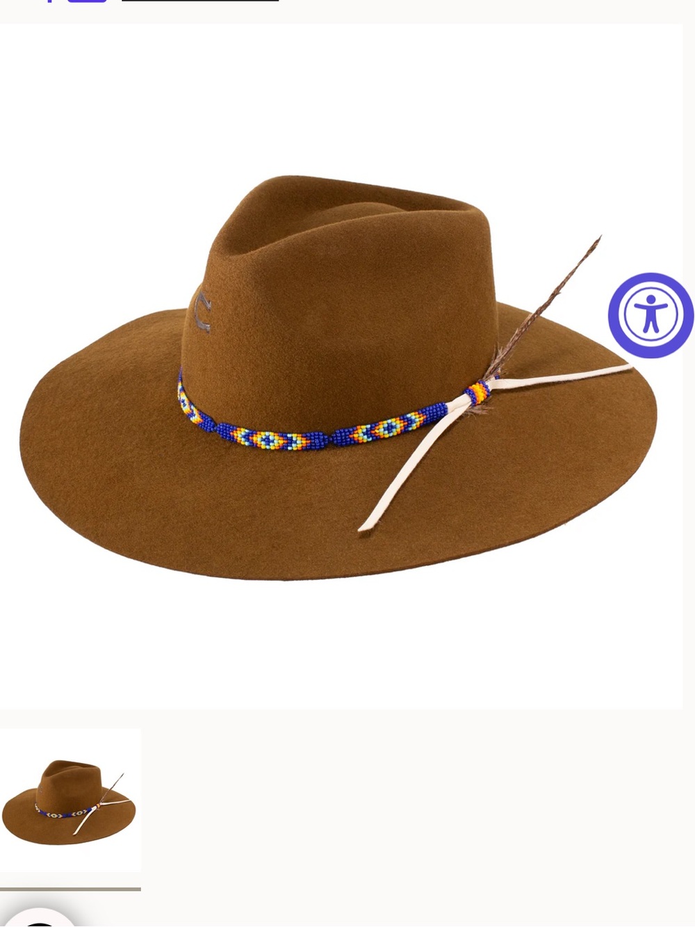 Brown Felt Fedora Hat with Beaded Band and Feather